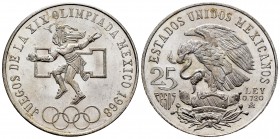 México. 25 pesos. 1968. (Km-479.1). Ag. 22,49 g. Juegos Olímpicos de México. Pleno brillo original. SC. Est...25,00. /// ENGLISH DESCRIPTION: Mexico. ...