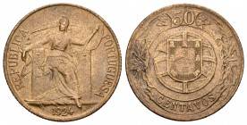Portugal. 50 centavos. 1924. (Km-575). (Gomes-19.01). Ae. 4,07 g. Buen ejemplar. Escasa. SC-. Est...75,00. /// ENGLISH DESCRIPTION: Portugal. 50 centa...