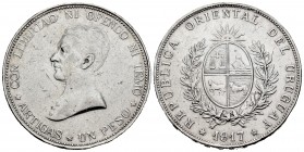Uruguay. 1 peso. 1917. (Km-23). Ag. 24,96 g. Golpes en el canto. MBC+. Est...40,00. /// ENGLISH DESCRIPTION: Uruguay. 1 peso. 1917. (Km-23). Ag. 24,96...