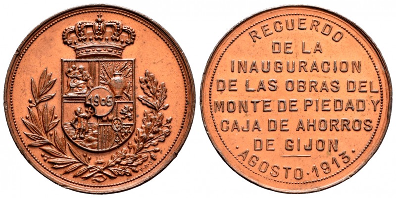 España. Medalla. 1913. Gijón. Ae. 12,15 g. Recuerdo de la inauguración de las ob...