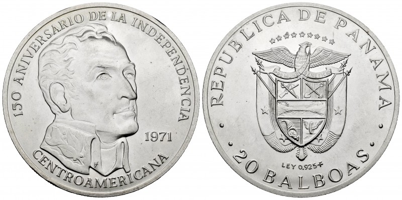 Panamá. 20 balboas. 1971. (Km-29). Ag. 131,00 g. 50 Aniversario de la Independen...