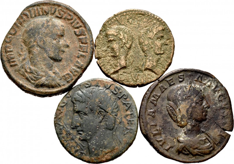 Lote de 4 monedas del Imperio Romano. Dupondio de Nimes, Dupondio de Augusto, Se...