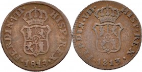 Lote de 2 monedas de Fernando VII de 1 ochavo de 1813. Unos con el 3 recto y otro con el 3 curvo. A EXAMINAR. MBC-. Est...50,00.