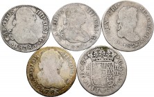 Lote de 5 monedas de 2 reales Carlos III (2), Carlos IV (2) y Fernando VII (1). A EXAMINAR. BC/BC+. Est...40,00.