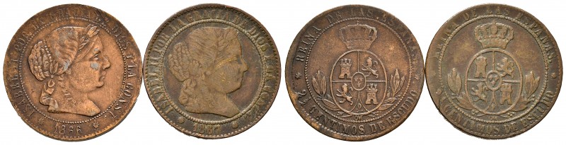 Isabel II (1833-1868). Lote de 2 monedas de cobre, falsas de época, de 2 1/2 cén...