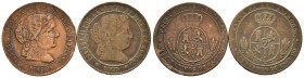 Isabel II (1833-1868). Lote de 2 monedas de cobre, falsas de época, de 2 1/2 céntimos de escudo, años 1866 y 67, Barcelona. A EXAMINAR. BC+/MBC-. Est....