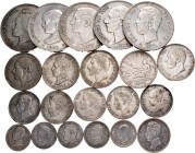 Lote de 21 monedas de plata del Centenario de la Peseta, 5 pesetas (5), 2 pesetas (5), 1 peseta (6) y 50 céntimos (5). A EXAMINAR. BC-/MBC-. Est...150...
