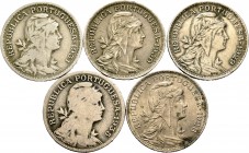 Lote de 5 monedas de Portugal, 50 Centavos 1928, 1929, 1930, 1931 y 1935. Ag. A EXAMINAR. BC+/MBC+. Est...50,00.