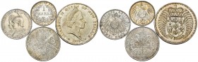 Lote de 4 monedas Mundiales, Nueva Zelanda 1 Dollar 1979 (Cu/Ni), Suecia 2 Kronor 1897 (Ar), Alemania 1 Mark 1914 A, SC- (Ar) y Prussia 2 Marks 1901 A...