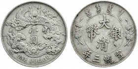 China
Qing-Dynastie. Pu Yi (Xuan Tong), 1908-1911
Dollar (Yuan) 1911 Tientsin, Nanking oder Wuchang. gutes sehr schön, kl. Randfehler