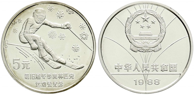 China
Volksrepublik, seit 1949
5 Yuan Silber 1988 Olympiade Calgary, Abfahrtsl...