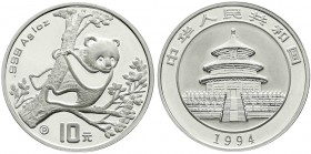 China
Volksrepublik, seit 1949
10 Yuan Panda 1994. Panda in einem Baum auf Aufsichtsposten. Mit Beizeichen P. In Kapsel. Polierte Platte
