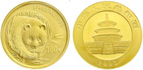 China
Volksrepublik, seit 1949
100 Yuan GOLD 2003. Panda von vorne. 1/4 Unze Feingold, original verschweißt. Stempelglanz