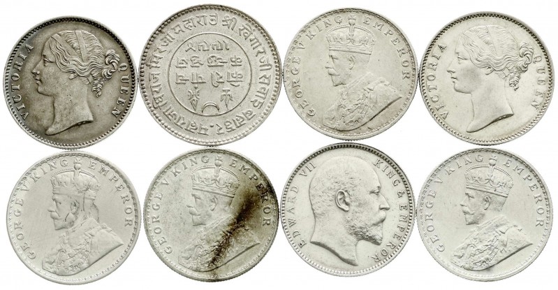 Indien
Lots
8 Silbermünzen: Rupee 1840 (2X), 1903, 1919 (3X), 1920, Kutch 5 Ko...