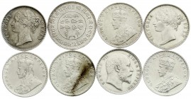 Indien
Lots
8 Silbermünzen: Rupee 1840 (2X), 1903, 1919 (3X), 1920, Kutch 5 Kori 1938. sehr schön/vorzüglich bis prägefrisch