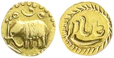 Indien-Mysore
Fanam GOLD o.J. Elefant links/Schrift. 0,33 g. sehr schön