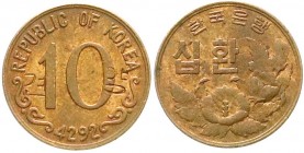 Korea Süd
Republik Korea/ Daeham Minguk, seit 1948
10 Hwan KE 4292 (1959) mit offiziellem Bank-Gegenstempel (Sample). fast Stempelglanz, sehr selten...