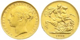 Australien
Victoria, 1837-1901
Sovereign 1883 S, Sydney. Drachentöter. 7,98 g. 917/1000. fast vorzüglich, winz. Randfehler, selten