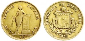 Costa Rica
Republik, seit 1821
1/2 Escudo 1850 JB. 1,56 g. 875/1000. schön/sehr schön, Druckstelle