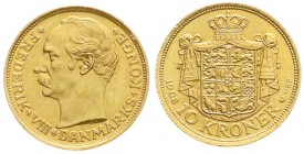 Dänemark
Frederik VIII., 1906-1912
10 Kronen 1908. 4,48 g. 900/1000. prägefrisch/fast Stempelglanz