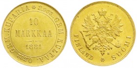 Finnland
Alexander III., 1881-1894
10 Markkaa 1881. 3,23 g. 900/1000. fast Stempelglanz, seltenes Jahr