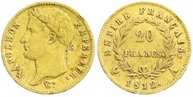 Frankreich
Napoleon I., 1804-1814/15
20 Francs 1812 A, Paris. 6,45 g. 900/1000. schön/sehr schön, Randfehler
