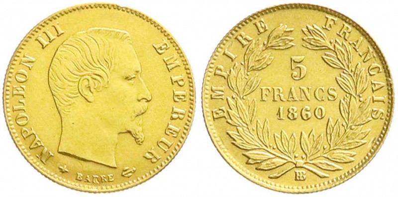 Frankreich
Napoleon III., 1852-1870
5 Francs 1860 BB, Straßburg. Jahreszahl im...