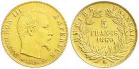 Frankreich
Napoleon III., 1852-1870
5 Francs 1860 BB, Straßburg. Jahreszahl im Stempel geändert aus 1850. 1,61 g. 900/1000. sehr schön, berieben