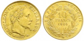 Frankreich
Napoleon III., 1852-1870
10 Francs 1864 BB Straßburg. Seltene Variante mit großem BB. 3,23 g. 900/1000. fast Stempelglanz, kl. Stempelfeh...