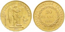 Frankreich
Dritte Republik, 1871-1940
20 Francs geflügelter Genius 1895. 6,45 g. 900/1000. vorzüglich/Stempelglanz