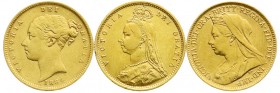 Grossbritannien
Victoria, 1837-1901
Serie von 3 versch. Köpfen, je 1/2 Sovereign: 1884, 1892 und 1898. je 3,99 g. 917/1000. meist sehr schön/vorzügl...