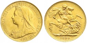 Grossbritannien
Victoria, 1837-1901
Sovereign 1899, Drachentöter. 7,99 g. 917/1000. vorzüglich/Stempelglanz