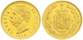 Italien- Königreich
Umberto I., 1878-1900
20 Lire 1882 R. 6,45 g. 900/1000. vorzüglich