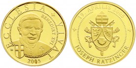 Italien-Kirchenstaat
Benedikt XVI., 2005-2013
Goldmedaille 2005 Papst Benedikt XVI, 26 mm. 6,22 g. 999/1000 Gold. Im Etui mit Zertifikat. Auflage nu...