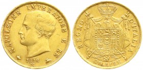 Italien-unter Napoleon
Napoleon I., 1804-1814
40 Lire 1814 M. 12,90 g. 900/1000. sehr schön/vorzüglich, kl. Randfehler