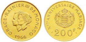 Monaco
Rainer III., 1949-2005
200 Francs 1966. 10. Hochzeitstag von Grace Patricia und Fürst Rainer, 32 g. 920/1000 Gold. Polierte Platte, winz. Kra...
