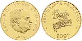 Monaco
Rainer III., 1949-2005
100 Euro 2003. 80. Geburtstag von Fürst Rainer III. 32 g. 900/1000 Gold. In Originalschatulle mit Zertifikat und Umver...