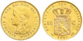 Niederlande
Wilhelmina, 1890-1948
10 Gulden 1897. Mit langem Haar. 6,72 g. 900/1000. vorzüglich/Stempelglanz