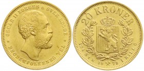 Norwegen
Oskar II., 1872-1905
20 Kronen 1878. 8,96 g. 900/1000. vorzüglich/Stempelglanz