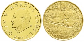 Norwegen
Olav V., 1957-1991
1500 Kronen 1991. Olympiade/Felszeichnung eines Skifahrers. 17 g. 916/1000 Gold. In Kapsel. Polierte Platte