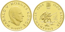 Norwegen
Harald V., seit 1991
1500 Kronen 1992. Olympiade/Birkebeiner. 17 g. 916/1000 Gold. In Kapsel Polierte Platte