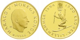 Norwegen
Harald V., seit 1991
1500 Kronen 1993. Skifahrer. In Kapsel. 17 g. 916/1000 Gold. Polierte Platte
