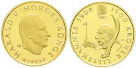 Norwegen
Harald V., seit 1991
1500 Kronen 1993. Roald Amundsen. In Kapsel. 17 g. 916/1000 Gold. Polierte Platte