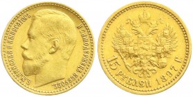 Russland
Nikolaus II., 1894-1917
15 Rubel 1897. Kopf mit 3 Buchstaben der Umschrift unter Halsabschnitt. 12,86 g. 900/1000. sehr schön/vorzüglich