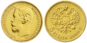 Russland
Nikolaus II., 1894-1917
5 Rubel 1900, St. Petersburg. 4,3 g. 900/1000. sehr schön