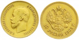 Russland
Nikolaus II., 1894-1917
10 Rubel 1903, St. Petersburg. 8,60 g. 900/1000. fast vorzüglich