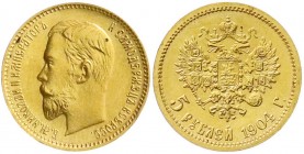 Russland
Nikolaus II., 1894-1917
5 Rubel 1904, St. Petersburg. 4,3 g. 900/1000. vorzüglich/Stempelglanz