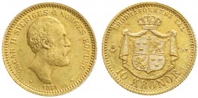 Schweden
Oscar II., 1872-1907
10 Kronor 1874 ST, Stockholm. 4,48 g. 900/1000. fast Stempelglanz