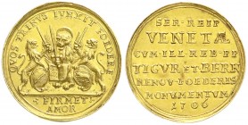 Schweiz
Zürich
Goldmedaille zu 2 Dukaten 1706, von Gessner. Auf das Bündnis zwischen Venedig, Zürich und Bern. Der venezianische Markuslöwe steht mi...