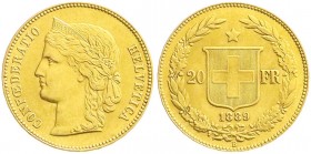 Schweiz
Eidgenossenschaft, seit 1850
20 Franken 1889 B, Helvetia. 6,45 g. 900/1000. vorzüglich